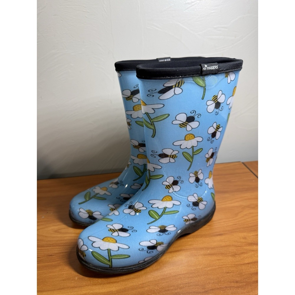 SLOGGERS Bumble Bee Flowers Daisy Print Blue Women's 6 Rain Boots Chore Garden